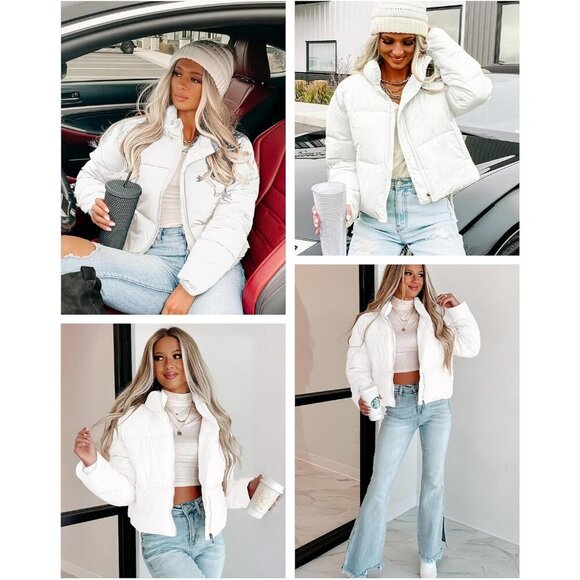 Women’s Jacket Puffer Quilted Jackets Long Sleeve Stand Collar Zipper Warm White - Picture 5 of 6